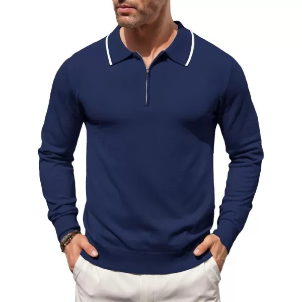 COOFANDY Men's Knit Polo Shirt Long Sleeve Quarter Zip Polo Sweater Casual Golf Shirts Vintage Striped Collar Polo