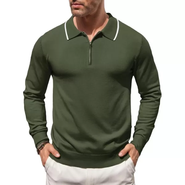 COOFANDY Men's Knit Polo Shirt Long Sleeve Quarter Zip Polo Sweater Casual Golf Shirts Vintage Striped Collar Polo