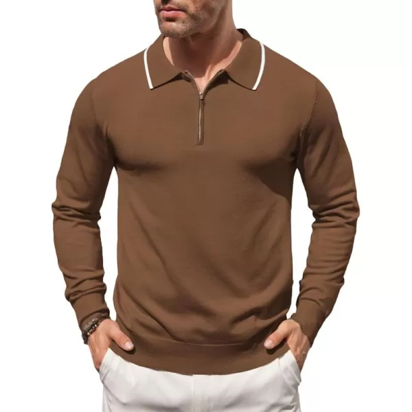 COOFANDY Men's Knit Polo Shirt Long Sleeve Quarter Zip Polo Sweater Casual Golf Shirts Vintage Striped Collar Polo