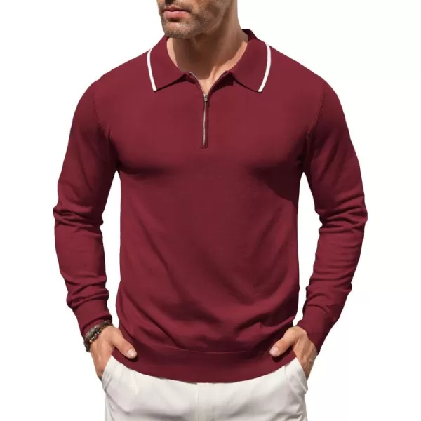 COOFANDY Men's Knit Polo Shirt Long Sleeve Quarter Zip Polo Sweater Casual Golf Shirts Vintage Striped Collar Polo
