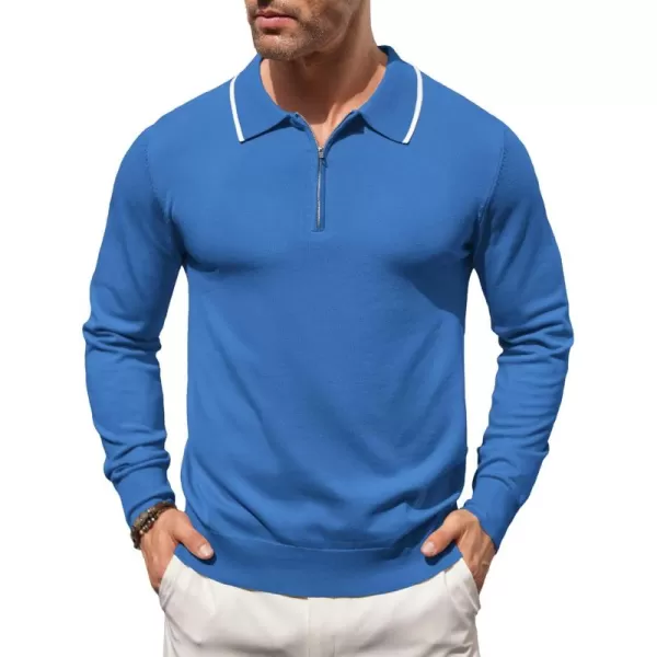 COOFANDY Men's Knit Polo Shirt Long Sleeve Quarter Zip Polo Sweater Casual Golf Shirts Vintage Striped Collar Polo