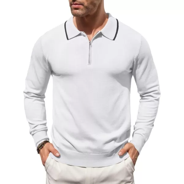 COOFANDY Men's Knit Polo Shirt Long Sleeve Quarter Zip Polo Sweater Casual Golf Shirts Vintage Striped Collar Polo