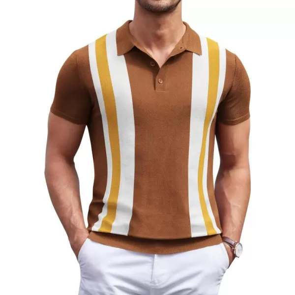 COOFANDY Men's Knit Polo Shirt Short Sleeve Vintage Striped Golf Shirt