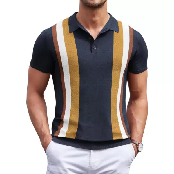 COOFANDY Men's Knit Polo Shirt Short Sleeve Vintage Striped Golf Shirt