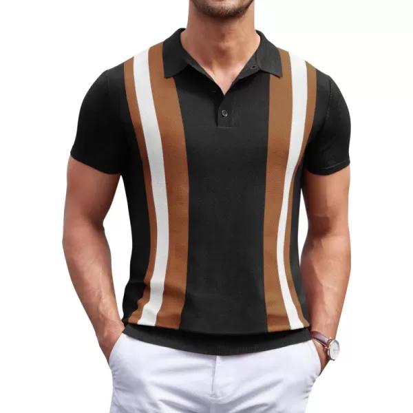 COOFANDY Men's Knit Polo Shirt Short Sleeve Vintage Striped Golf Shirt