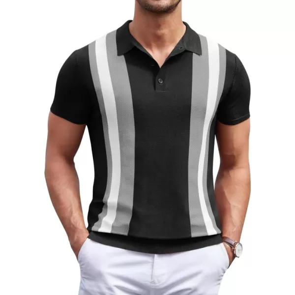 COOFANDY Men's Knit Polo Shirt Short Sleeve Vintage Striped Golf Shirt