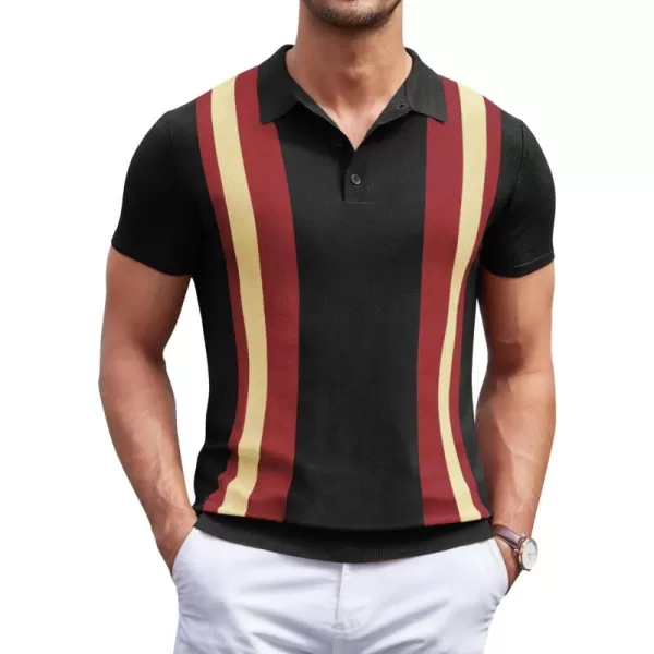 COOFANDY Men's Knit Polo Shirt Short Sleeve Vintage Striped Golf Shirt