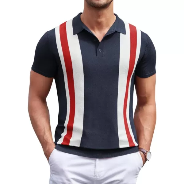 COOFANDY Men's Knit Polo Shirt Short Sleeve Vintage Striped Golf Shirt