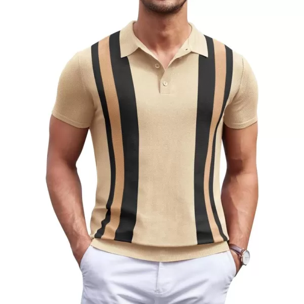 COOFANDY Men's Knit Polo Shirt Short Sleeve Vintage Striped Golf Shirt