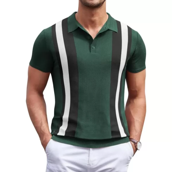 COOFANDY Men's Knit Polo Shirt Short Sleeve Vintage Striped Golf Shirt