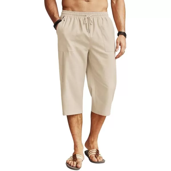 COOFANDY Men's Linen Capri Pants Casual Lightweight 3/4 Baggy Pants Drawstring Elastic Waist Beach Yoga Pants with Pockets