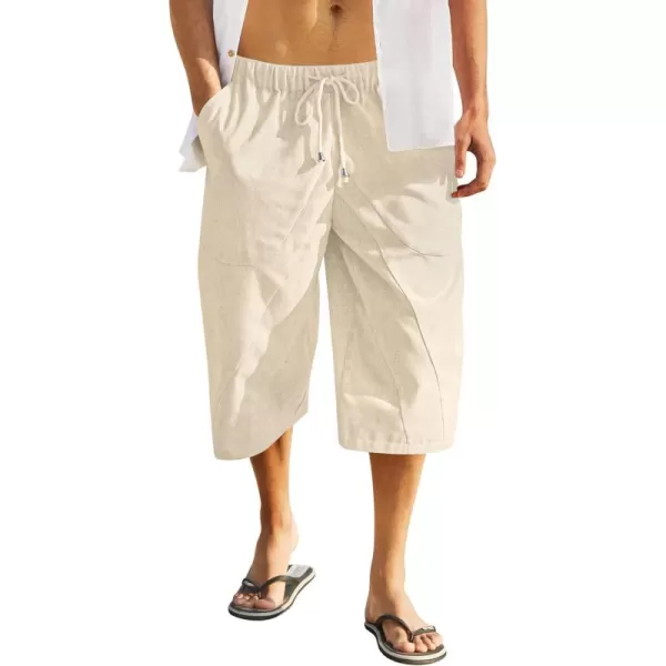 COOFANDY Men's Linen Harem Capri Pants Casual Lightweight Drawstring Yoga Pants Baggy 3/4 Beach Trousers