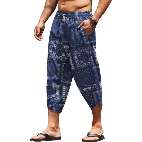 COOFANDY Men's Linen Harem Capri Pants Lightweight Loose 3/4 Shorts Drawstring Elastic Waist Casual Beach Yoga Trousers)