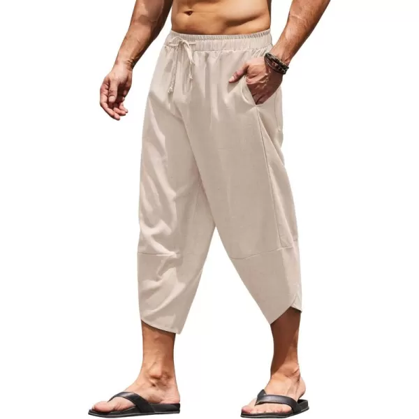 COOFANDY Men's Linen Harem Capri Pants Lightweight Loose 3/4 Shorts Drawstring Elastic Waist Casual Beach Yoga Trousers