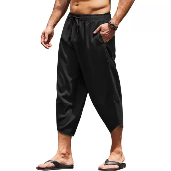 COOFANDY Men's Linen Harem Capri Pants Lightweight Loose 3/4 Shorts Drawstring Elastic Waist Casual Beach Yoga Trousers
