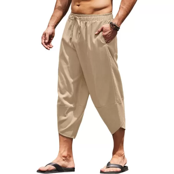 COOFANDY Men's Linen Harem Capri Pants Lightweight Loose 3/4 Shorts Drawstring Elastic Waist Casual Beach Yoga Trousers