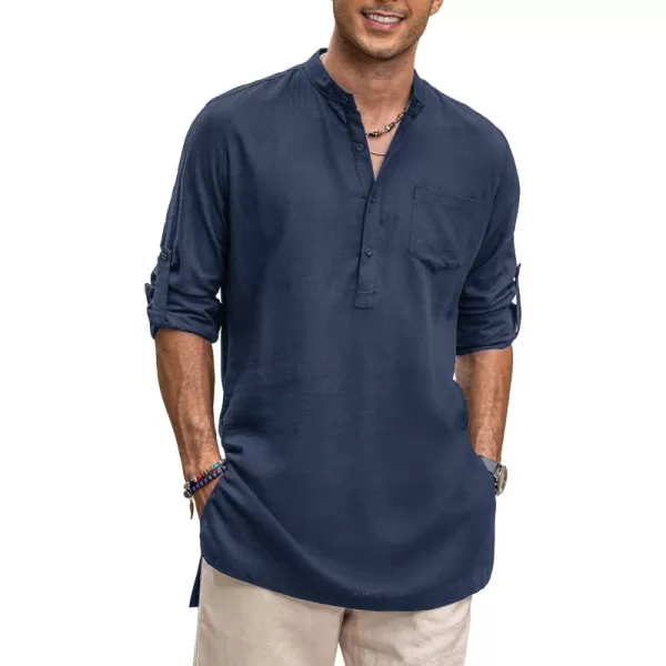COOFANDY Men's Linen Henley Shirts Long Sleeve Collarless T-Shirts Longline Kurta Beach Shirts with Pocket