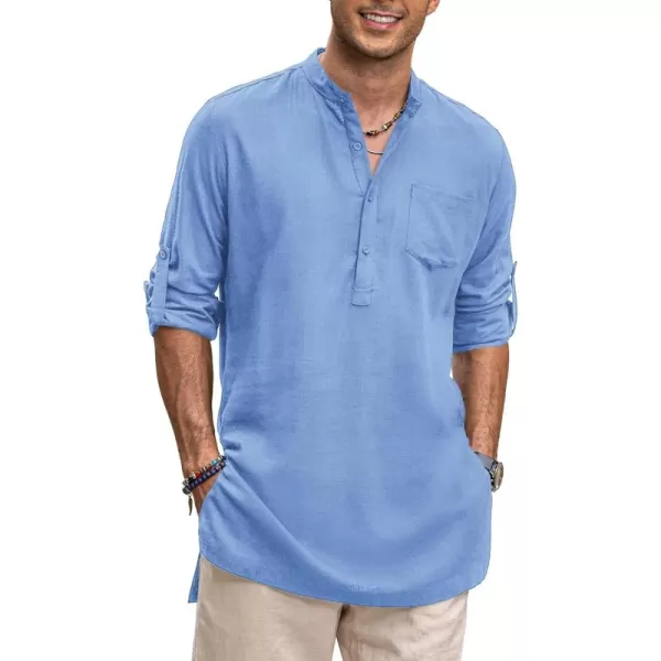 COOFANDY Men's Linen Henley Shirts Long Sleeve Collarless T-Shirts Longline Kurta Beach Shirts with Pocket