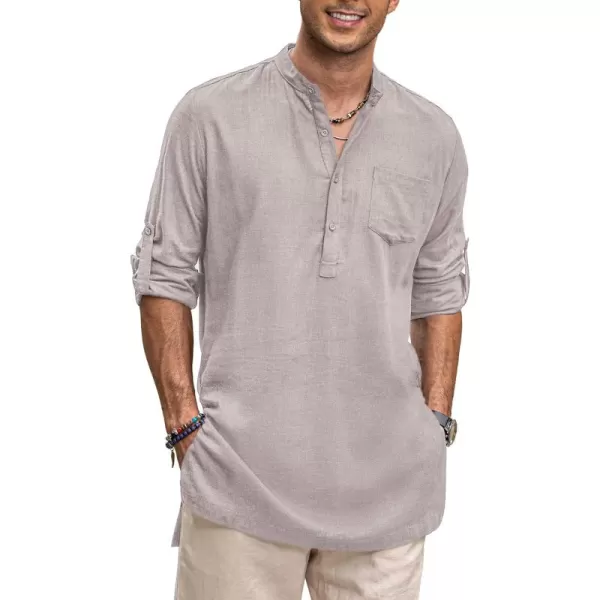 COOFANDY Men's Linen Henley Shirts Long Sleeve Collarless T-Shirts Longline Kurta Beach Shirts with Pocket