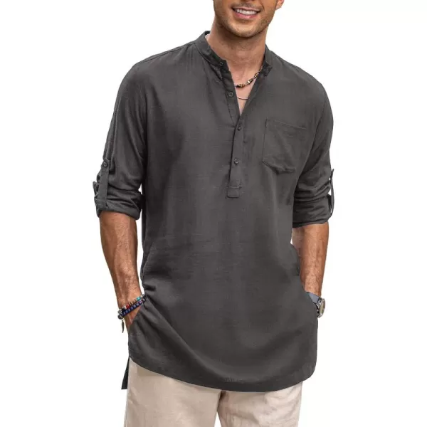 COOFANDY Men's Linen Henley Shirts Long Sleeve Collarless T-Shirts Longline Kurta Beach Shirts with Pocket