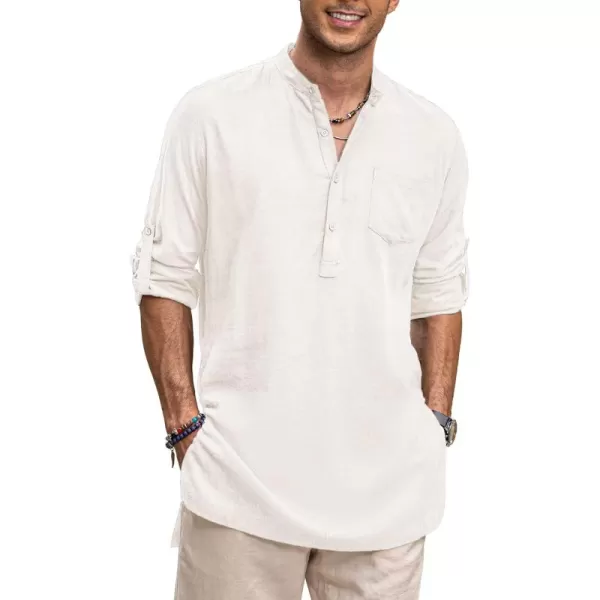 COOFANDY Men's Linen Henley Shirts Long Sleeve Collarless T-Shirts Longline Kurta Beach Shirts with Pocket