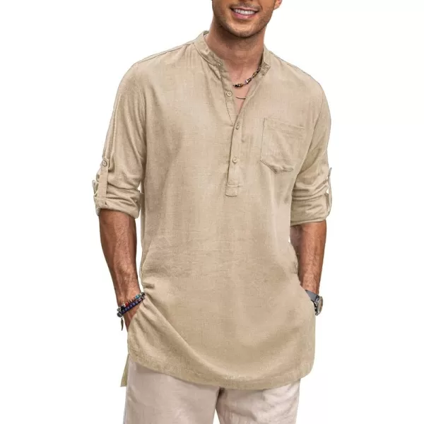 COOFANDY Men's Linen Henley Shirts Long Sleeve Collarless T-Shirts Longline Kurta Beach Shirts with Pocket
