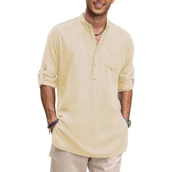 COOFANDY Men's Linen Henley Shirts Long Sleeve Collarless T-Shirts Longline Kurta Beach Shirts with Pocket