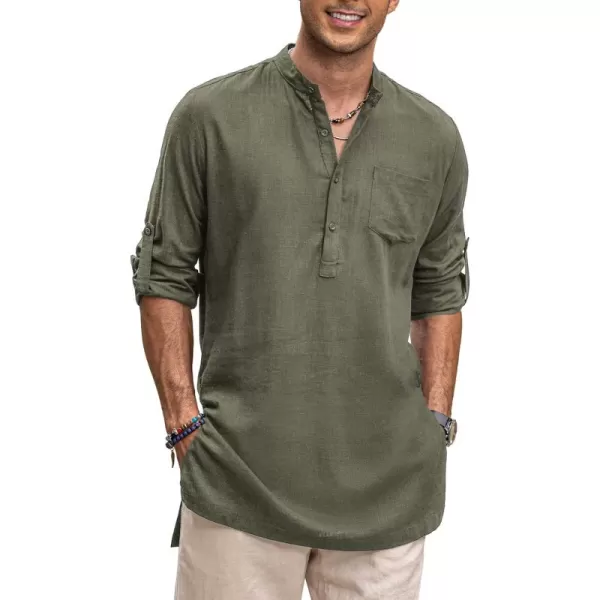 COOFANDY Men's Linen Henley Shirts Long Sleeve Collarless T-Shirts Longline Kurta Beach Shirts with Pocket