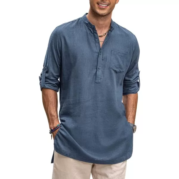 COOFANDY Men's Linen Henley Shirts Long Sleeve Collarless T-Shirts Longline Kurta Beach Shirts with Pocket
