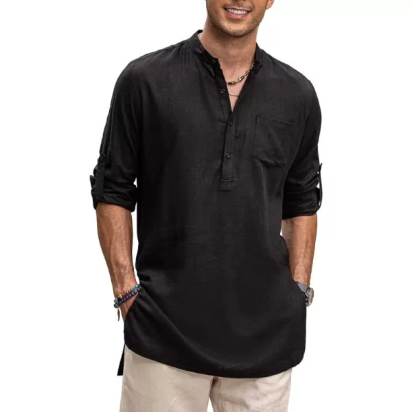 COOFANDY Men's Linen Henley Shirts Long Sleeve Collarless T-Shirts Longline Kurta Beach Shirts with Pocket