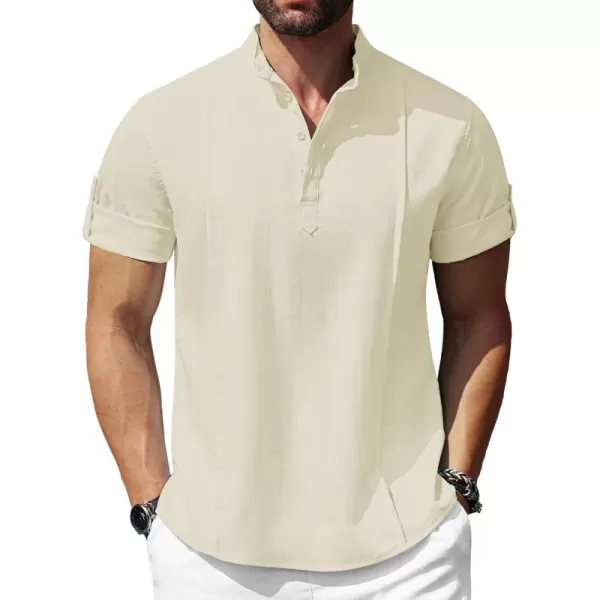 COOFANDY Men's Linen Henley Shirts Short Sleeve Casual Banded Collar Shirt Summer Beach Hippie T Shirts
