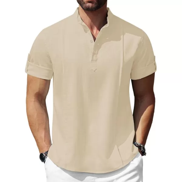 COOFANDY Men's Linen Henley Shirts Short Sleeve Casual Banded Collar Shirt Summer Beach Hippie T Shirts
