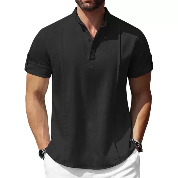 COOFANDY Men's Linen Henley Shirts Short Sleeve Casual Banded Collar Shirt Summer Beach Hippie T Shirts