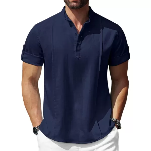 COOFANDY Men's Linen Henley Shirts Short Sleeve Casual Banded Collar Shirt Summer Beach Hippie T Shirts