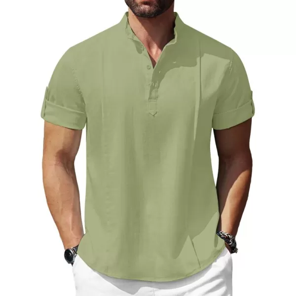 COOFANDY Men's Linen Henley Shirts Short Sleeve Casual Banded Collar Shirt Summer Beach Hippie T Shirts