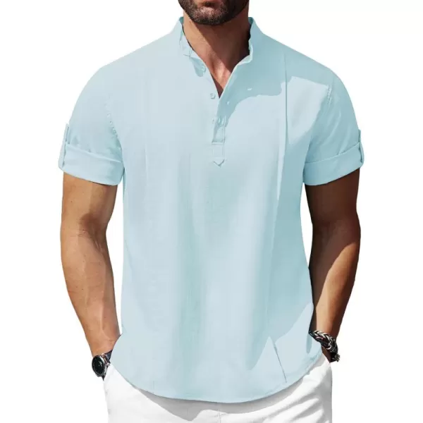 COOFANDY Men's Linen Henley Shirts Short Sleeve Casual Banded Collar Shirt Summer Beach Hippie T Shirts