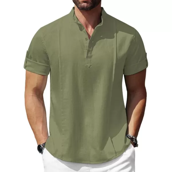 COOFANDY Men's Linen Henley Shirts Short Sleeve Casual Banded Collar Shirt Summer Beach Hippie T Shirts
