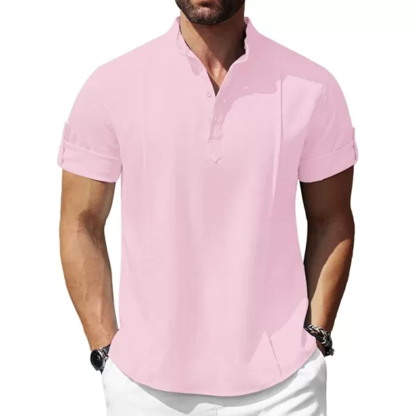 COOFANDY Men's Linen Henley Shirts Short Sleeve Casual Banded Collar Shirt Summer Beach Hippie T Shirts