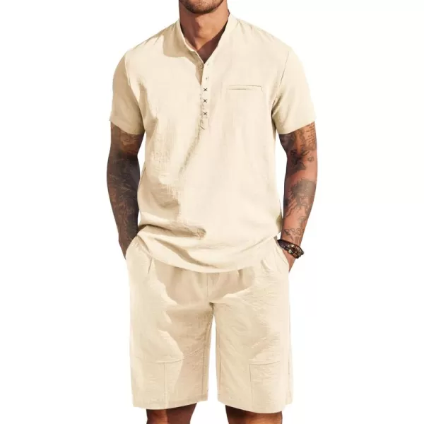COOFANDY Men's Linen Sets 2 Piece Outfits Short Sleeve Henley Shirts and Shorts Summer Beach Yoga Pants Set