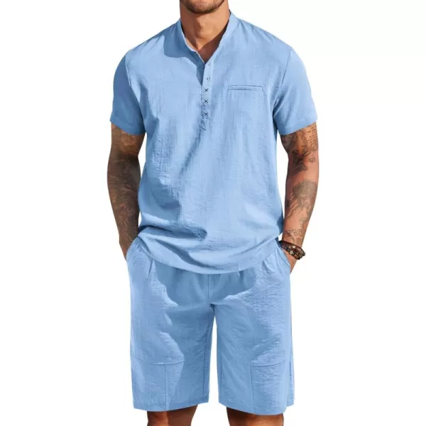 COOFANDY Men's Linen Sets 2 Piece Outfits Short Sleeve Henley Shirts and Shorts Summer Beach Yoga Pants Set
