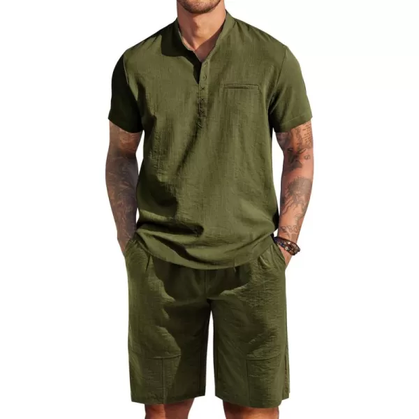 COOFANDY Men's Linen Sets 2 Piece Outfits Short Sleeve Henley Shirts and Shorts Summer Beach Yoga Pants Set