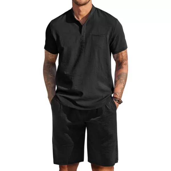COOFANDY Men's Linen Sets 2 Piece Outfits Short Sleeve Henley Shirts and Shorts Summer Beach Yoga Pants Set