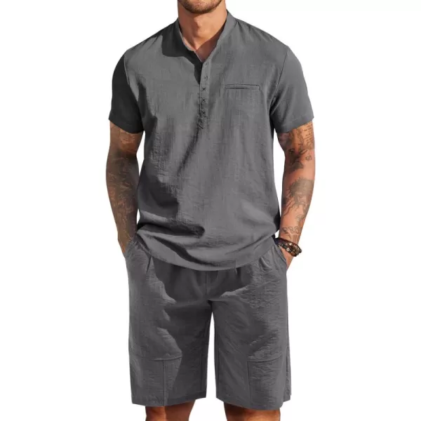COOFANDY Men's Linen Sets 2 Piece Outfits Short Sleeve Henley Shirts and Shorts Summer Beach Yoga Pants Set
