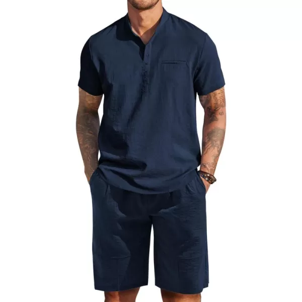 COOFANDY Men's Linen Sets 2 Piece Outfits Short Sleeve Henley Shirts and Shorts Summer Beach Yoga Pants Set