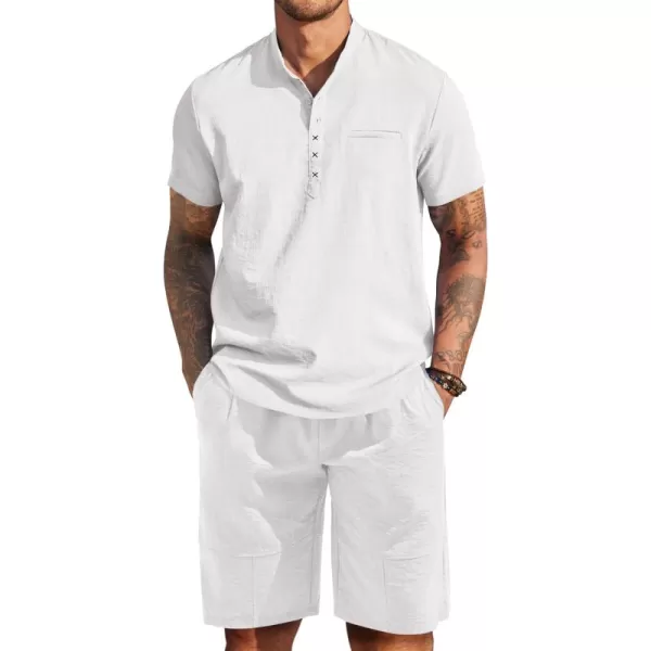 COOFANDY Men's Linen Sets 2 Piece Outfits Short Sleeve Henley Shirts and Shorts Summer Beach Yoga Pants Set