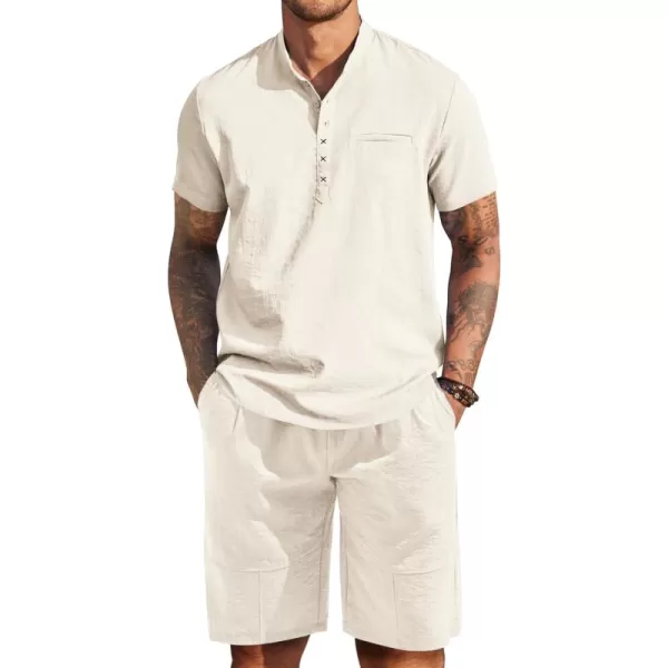 COOFANDY Men's Linen Sets 2 Piece Outfits Short Sleeve Henley Shirts and Shorts Summer Beach Yoga Pants Set