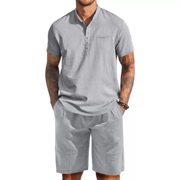 COOFANDY Men's Linen Sets 2 Piece Outfits Short Sleeve Henley Shirts and Shorts Summer Beach Yoga Pants Set