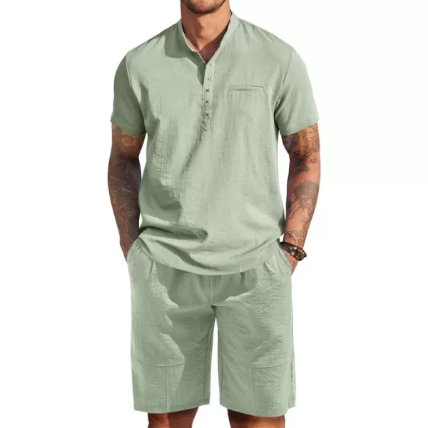 COOFANDY Men's Linen Sets 2 Piece Outfits Short Sleeve Henley Shirts and Shorts Summer Beach Yoga Pants Set