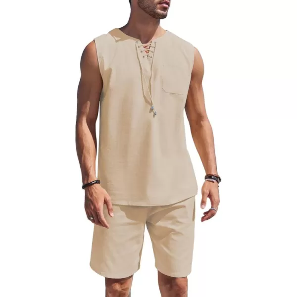 COOFANDY Mens Linen Sets Outfits 2 Piece Beach Drawstring Tank Tops Sleeveless Shirt Matching Shorts Set Hippie Wedding