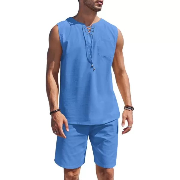 COOFANDY Mens Linen Sets Outfits 2 Piece Beach Drawstring Tank Tops Sleeveless Shirt Matching Shorts Set Hippie Wedding